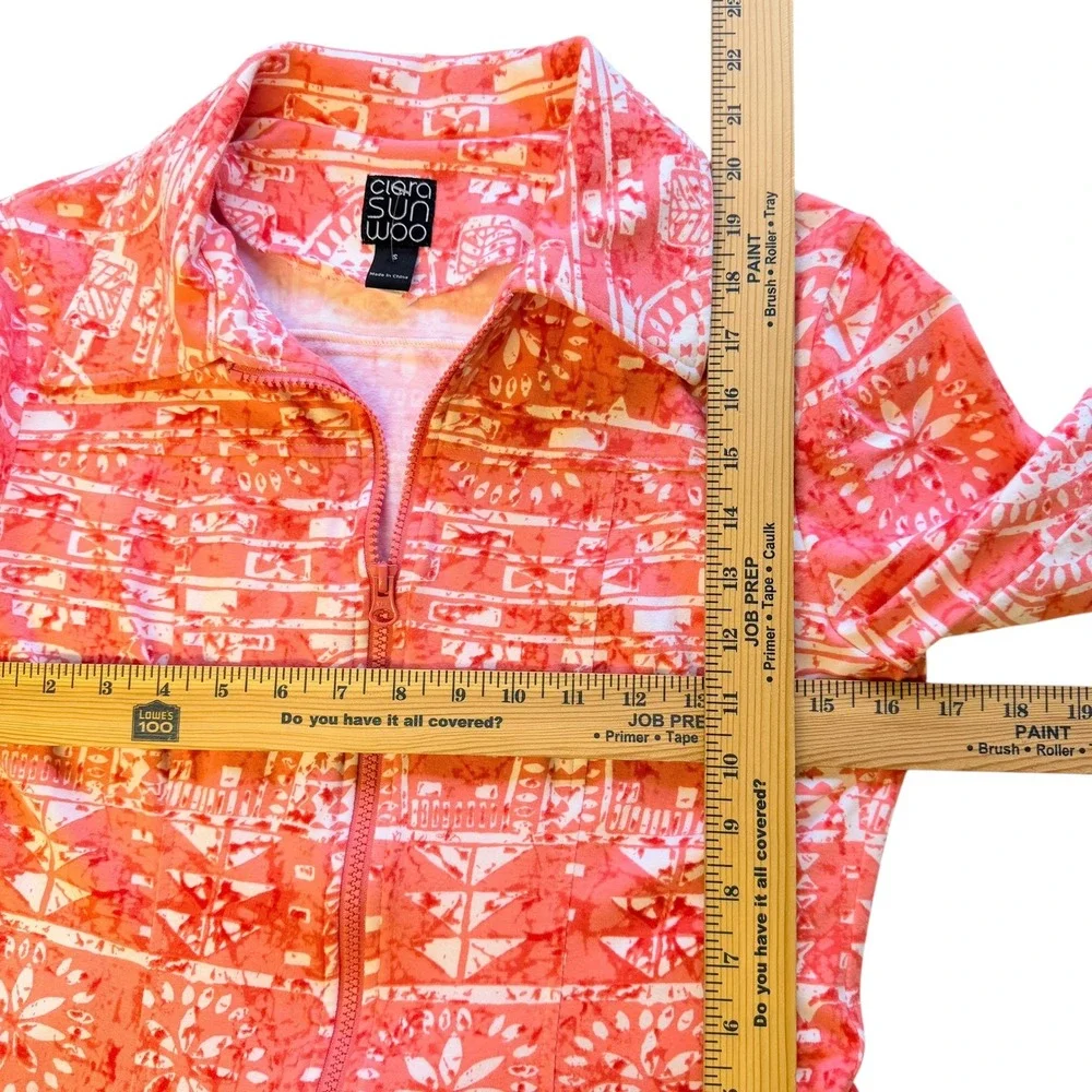 Clara Sunwoo Coral Pink White Geometric Batik Zip Up Stretch Jacket Womens Small